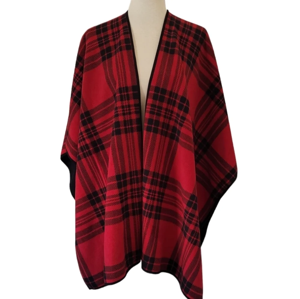 Woolrich Red Black Tartan Blanket‎ Shawl Reversible Cape